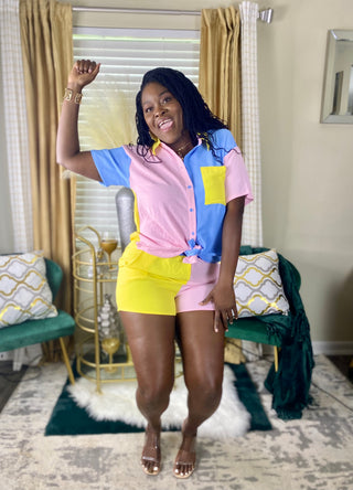 Two piece short set two toned oversized top with elastic waist band shirt and added pockets  Pink yellow blue