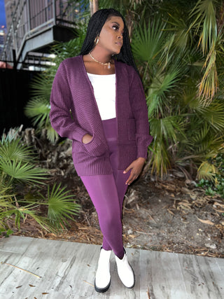waffle cardigan two piece plum set with cotton legging.