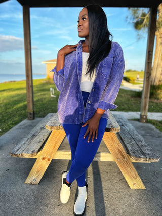 Royal blue cotton spandex legging. Full length leggings. Premium high waist leggings. Tights. Corduroy shacket. Vintage shacket with front and side pocket. Acid wash shacket.