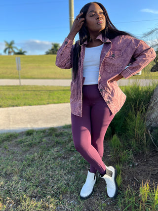 Egg plant cotton spandex legging. Full length leggings. Premium high waist leggings. Tights. Vintage shacket with front and side pocket. Acid wash shacket. Bottom. Top. Set. On the go moms. Chill set.