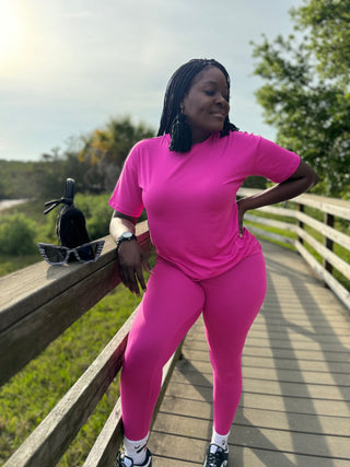 Fuchsia set. Pink set. Bright pink set. Solid color set. Two piece set. 2 piece set. Cute and comfy set. Basic set. Round neck. Stretchy. Leggings.