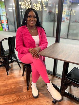 Fuchsia sweater set with leggings.  Light weight cardigan.