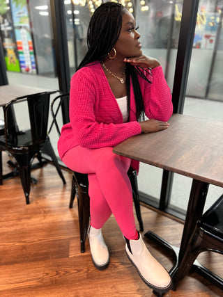 Two piece open waffle cardigan with pockets and full length cotton leggings. Fuchsia two piece set.