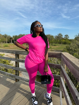 Fuchsia set. Pink set. Bright pink set. Solid color set. Two piece set. 2 piece set. Cute and comfy set. Basic set. Round neck. Stretchy. Leggings.
