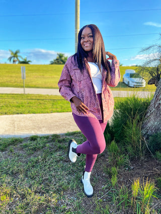 Egg plant cotton spandex legging. Full length leggings. Premium high waist leggings. Tights. Vintage shacket with front and side pocket. Acid wash shacket. Bottom. Top. Set. On the go moms. Chill set.