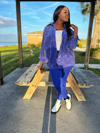 Royal blue cotton spandex legging. Full length leggings. Premium high waist leggings. Tights. Corduroy shacket. Vintage shacket with front and side pocket. Acid wash shacket.