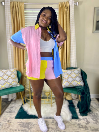 Two piece short set two toned oversized top with elastic waist band shirt and added pockets  Pink yellow blue