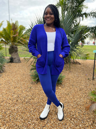 Royal blue casual two piece set. Lounge set. Waffle cardigan and full waistband legging.