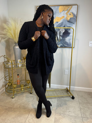 Slay in the Shade Cardigan – Long sleeve popcorn knit sweater cardigan with pockets, crafted from 78% polyester and 22% acrylic for cozy comfort.