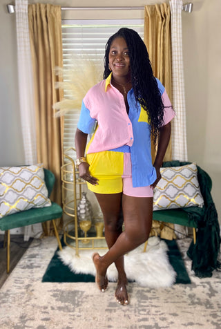 Two piece short set two toned oversized top with elastic waist band shirt and added pockets  Pink yellow blue