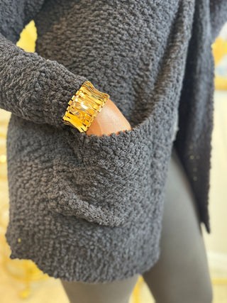 Slay in the Shade Cardigan – Long sleeve popcorn knit sweater cardigan with pockets, crafted from 78% polyester and 22% acrylic for cozy comfort.