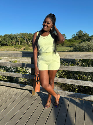 Honey Dew Melon printed two piece short set. Sleeveless round neck top. Shorts with pocket. Added elegant gold necklace to top. Summer chill set. Cute summer set. Embroidery set.