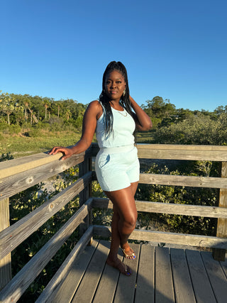 Sky Blue. Embroidery. Two piece set. Two piece elegant set. Round neck top with elegant gold chain attached. Shorts with pockets. Two piece short set.