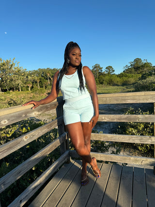 Sky Blue. Embroidery. Two piece set. Two piece elegant set. Round neck top with elegant gold chain attached. Shorts with pockets. Two piece short set.