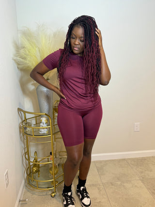 Discover the LuxeLounger Two-Piece Biker Short Set in solid burgundy! Ideal for moms: 95% poly, 5% spandex, stretchy, and stylish. Click to shop now!