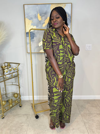 💚 Slay & Sway in Olive – Tropical Leaf Pant Set