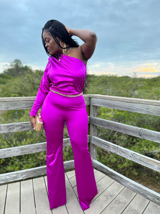 Elegant Magenta Satin One Shoulder Jumpsuit
