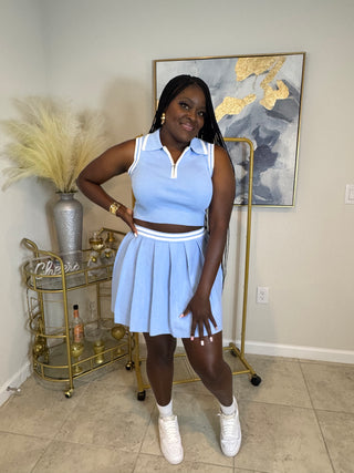 Baby blue and white tennis skirt set – front zip cropped top and pleated skirt