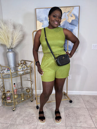Two-piece olive lounge set for moms, model in casual streetwear look