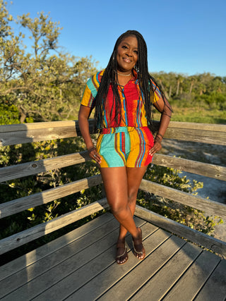 two piece two piece short set multicolored button down light weight side pockets