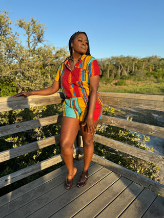 two piece two piece short set multicolored button down light weight side pockets