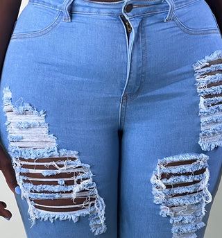 split distress blue jeans