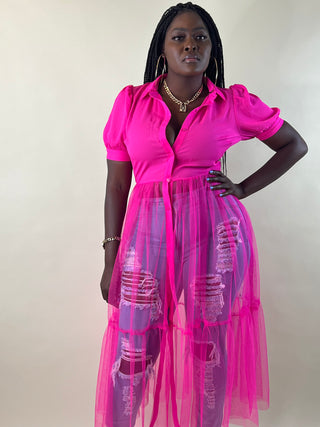 pink button up tulle shirt dress