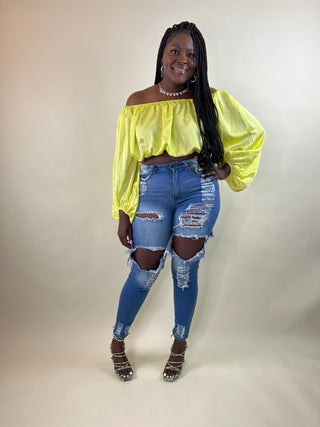 satin yellow off shoulder top