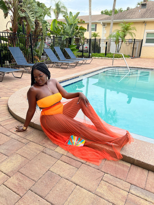 Always Summer Swim Suit - three piece bandeau high waist panty set with pleated sheer skirt orange light orange