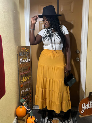 Amy All Seasons Ruffle Tiered Maxi Skirt. Boho maxi skirt. Elastic waist maxi skirt. Pleated maxi skirt. Flowy maxi skirt. Solid color maxi skirt. Mustard maxi skirt. Hem maxi skirt.