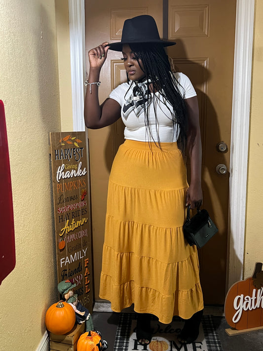 In Your Diva   Amy All Seasons Ruffle Tiered Maxi Skirt. Boho maxi skirt. Elastic waist maxi skirt. Pleated maxi skirt. Flowy maxi skirt. Solid color maxi skirt. Mustard maxi skirt. Hem maxi skirt.