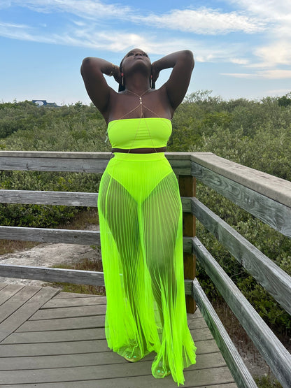 Always Summer Swim Suit - three piece bandeau high waist panty set with pleated sheer skirt neon yellow lime