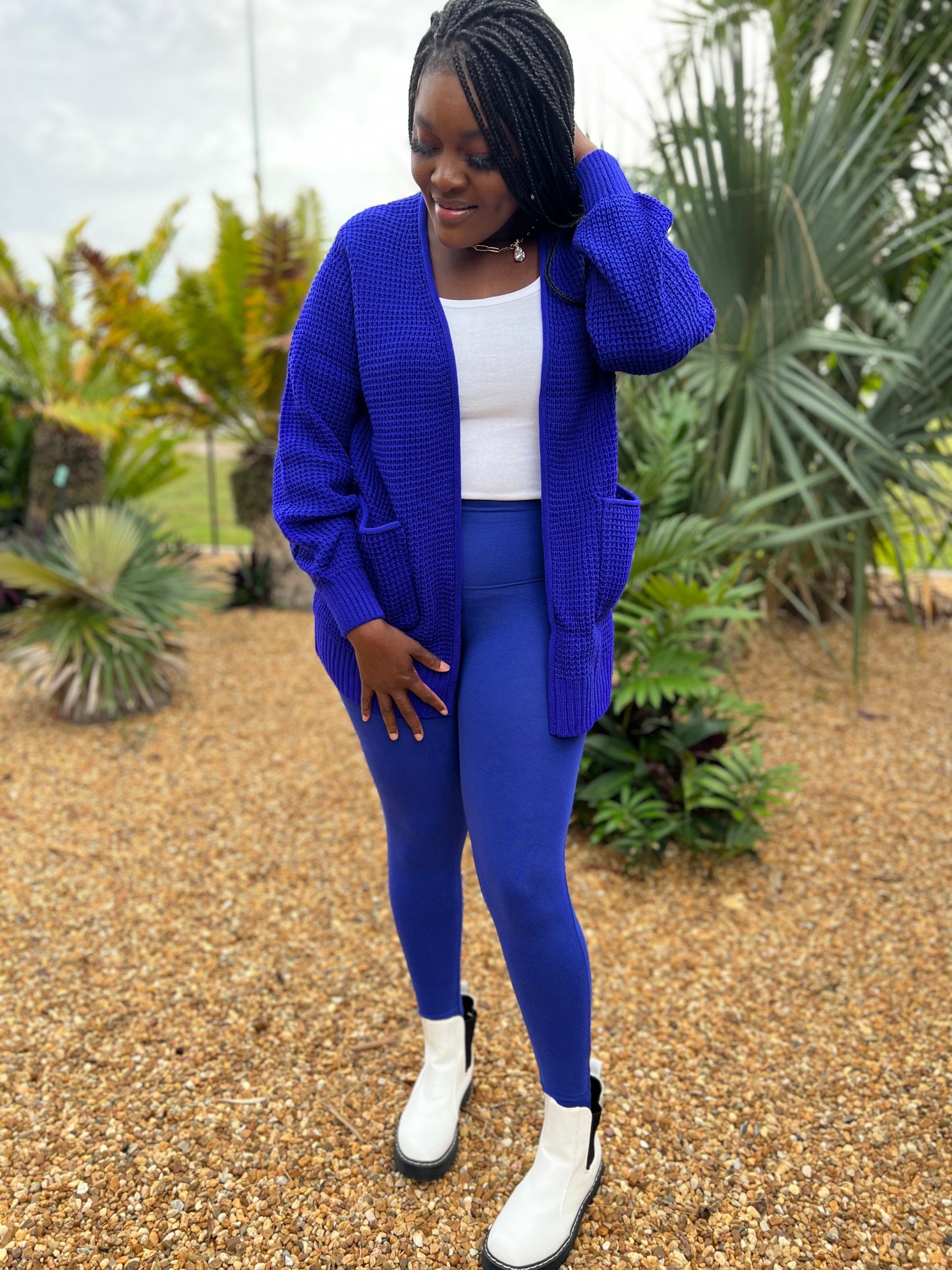 Royal blue set inspired by on the go moms.  Waffle pocket cardigan with good quality legging.