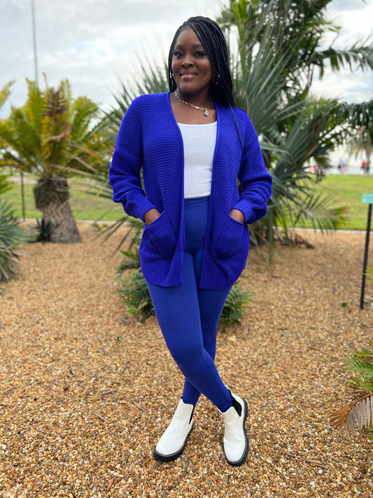 In Your Diva   Royal blue casual two piece set. Lounge set. Waffle cardigan and full waistband legging.