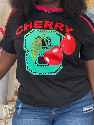 Cherry Rhinestone Ribbon Trim T-Shirt