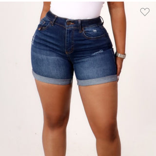 The Downtown Cuff Denim Shorts – Dark Wash Folded Hem