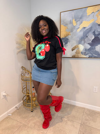 Cherry Rhinestone Ribbon Trim T-Shirt
