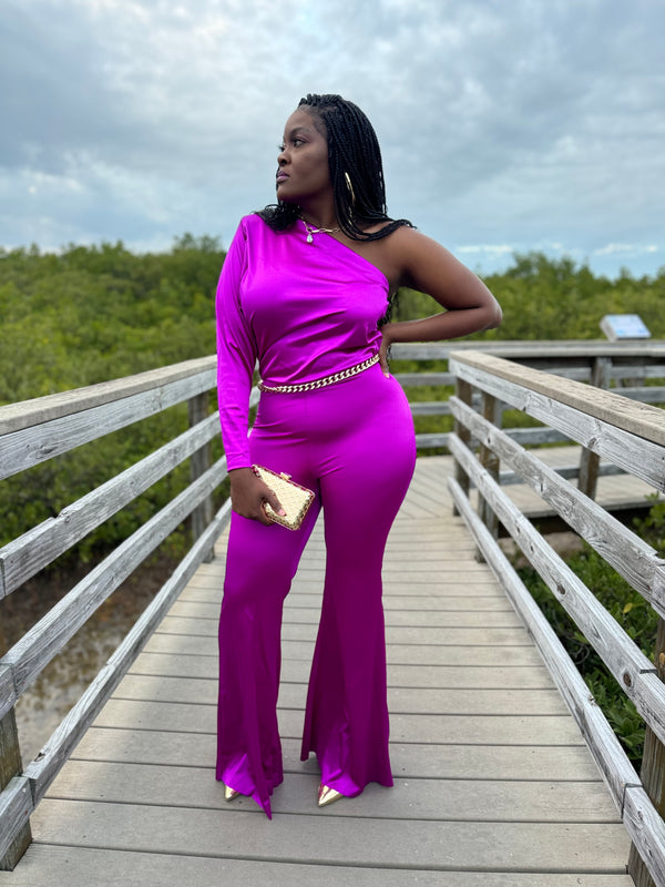 Elegant Magenta Satin One Shoulder Jumpsuit