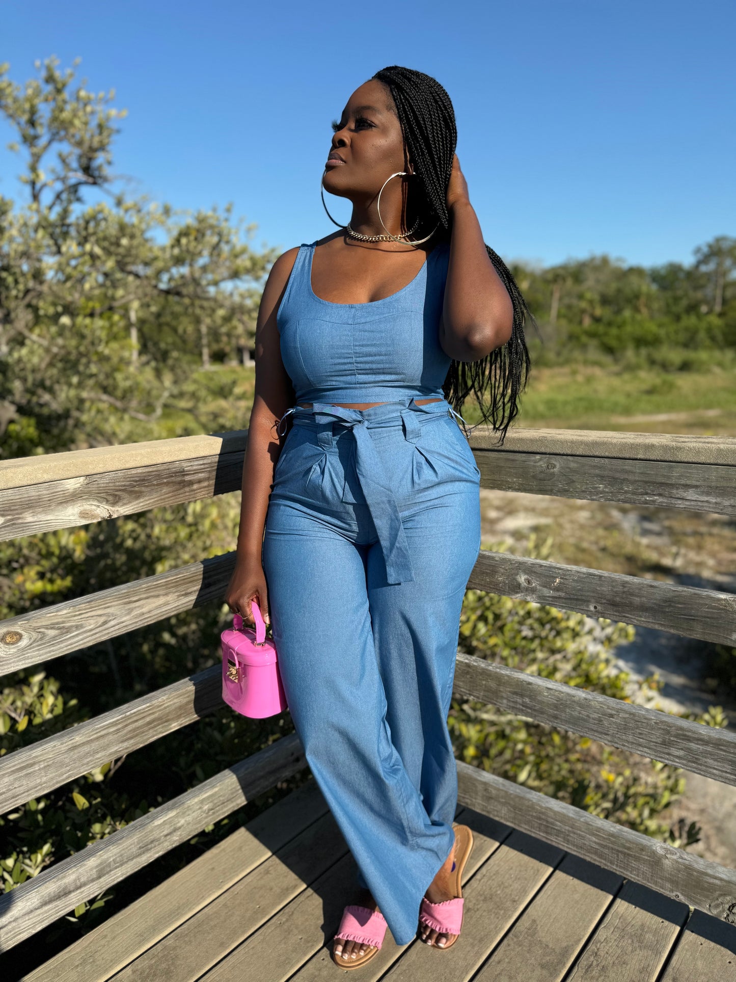 two piece set two piece pant set crop top smoked top wide leg pant blue
