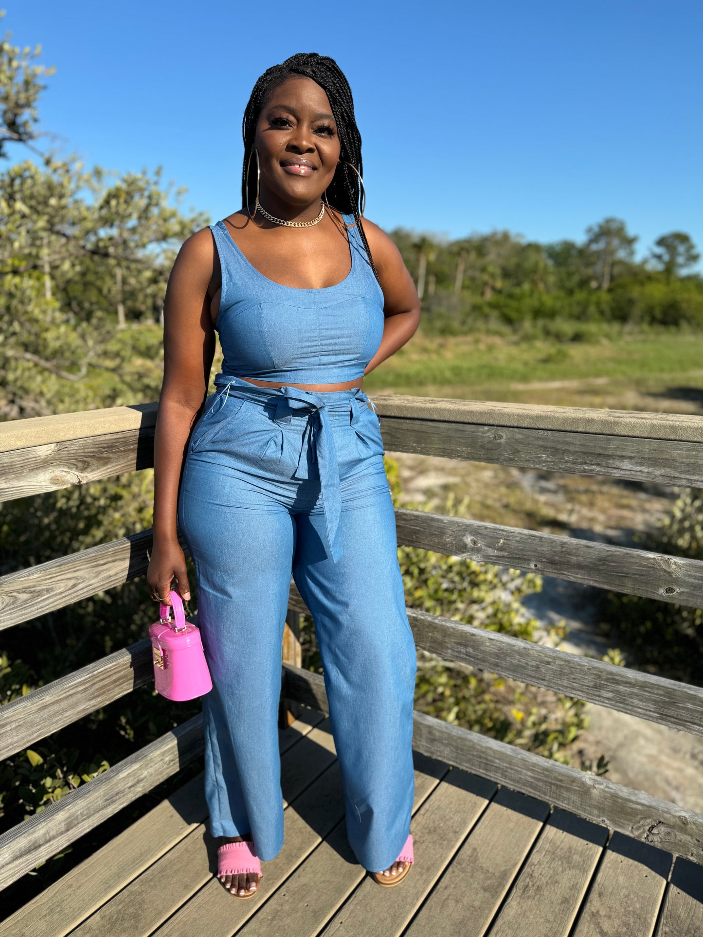 two piece set two piece pant set crop top smoked top wide leg pant blue
