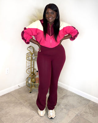 Cozy Colorblock Lounge Set for moms -  Maroon Dark Coral and Cream two-piece outfit with half-zip pullover and fitted pants, perfect for stylish loungewear or casual outings. Made from 95% cotton, 5% spandex, comfortable and breathable fabric. On-the-go fashion for busy moms.