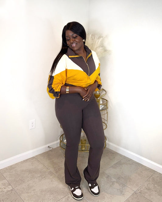 In Your Diva   "Cozy Colorblock Lounge Set for moms - mustard yellow and brown two-piece outfit with half-zip pullover and fitted pants, perfect for stylish loungewear or casual outings. Made from 95% cotton, 5% spandex, comfortable and breathable fabric. On-the-go fashion for busy moms.