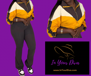 "Cozy Colorblock Lounge Set for moms - mustard yellow and brown two-piece outfit with half-zip pullover and fitted pants, perfect for stylish loungewear or casual outings. Made from 95% cotton, 5% spandex, comfortable and breathable fabric. On-the-go fashion for busy moms.