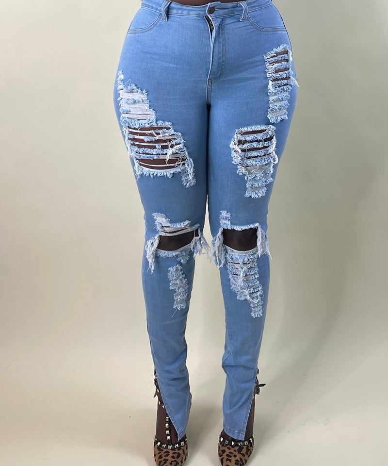 Side Slit Distressed Jeans