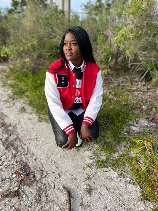 In Your Diva   BRINGING YOUTH BACK VARSITY LETTER PATCH JACKET RED